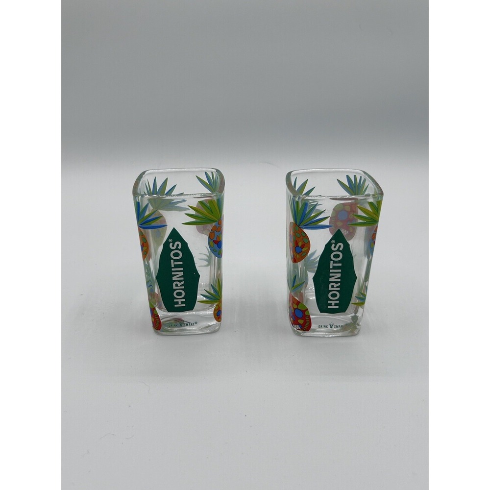 Lot of 2 Hornitos Tequila Shot Glasses‎ Square Pineapple Tiki Skull Pattern 2oz